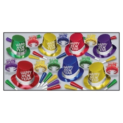 assorted colored new years eve party kit for 50 with bright colored top hats, party horns, and assorted tiaras