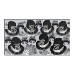 NYE Party kit for 50 that has black and silver party favors like hats, tiaras, and horns