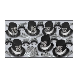 NYE Party kit for 50 that has black and silver party favors like hats, tiaras, and horns
