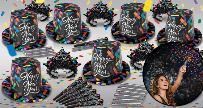 The Confetti Drop Asst for 50 The Confetti Drop Assortment for 50, New Years Eve party kit, NYE party supplies, New Years Eve accessories, party assortment for 50, bulk New Years party favors, countdown party supplies, multi color New Years decorations, corporate New Years event supplies, restaurant New Years Eve party kit, bar party accessories, holiday celebration supplies, large group party favors, New Years countdown decorations, Party Express