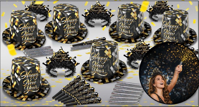 The Confetti Drop Black & Gold Asst for 50 The Confetti Drop Black and Gold Assortment for 50, black and gold New Years Eve party kit, NYE party supplies, New Years Eve accessories, party assortment for 50 guests, bulk New Years party favors, black gold party decorations, corporate New Years celebration supplies, countdown party kit, elegant New Years Eve decorations, restaurant party supplies, bar New Years Eve accessories, holiday event supplies, Party Express