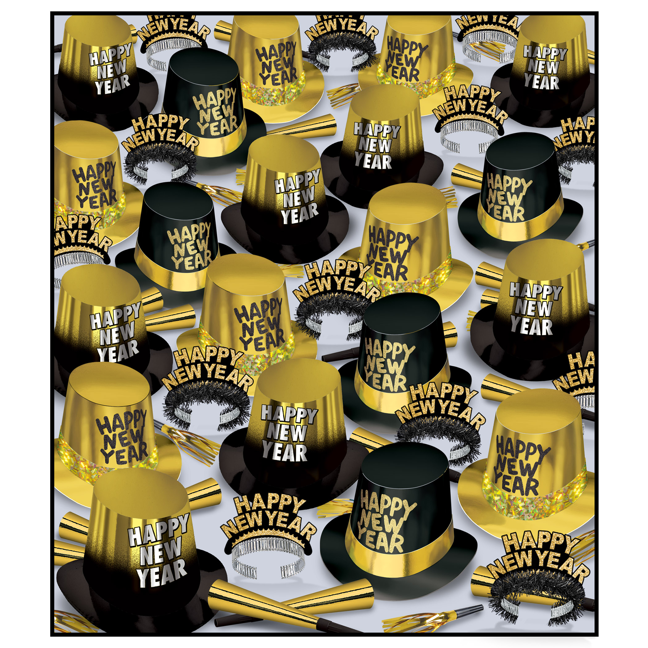 The Great New Year Assortment for 300 - Gold/Black Great New Year Assortment for 300, gold black New Years Eve party kit, NYE party supplies, bulk New Years Eve accessories, New Year party assortment, gold foil horns, squawkers, fringed tiaras, foil hi hats, corporate New Years Eve supplies, hotel New Year party favors, restaurant New Years Eve celebration, banquet party supplies, wholesale NYE kits, countdown party accessories, black and gold party supplies