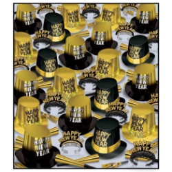 The Great New Year Assortment for 300 - Gold/Black Great New Year Assortment for 300, gold black New Years Eve party kit, NYE party supplies, bulk New Years Eve accessories, New Year party assortment, gold foil horns, squawkers, fringed tiaras, foil hi hats, corporate New Years Eve supplies, hotel New Year party favors, restaurant New Years Eve celebration, banquet party supplies, wholesale NYE kits, countdown party accessories, black and gold party supplies