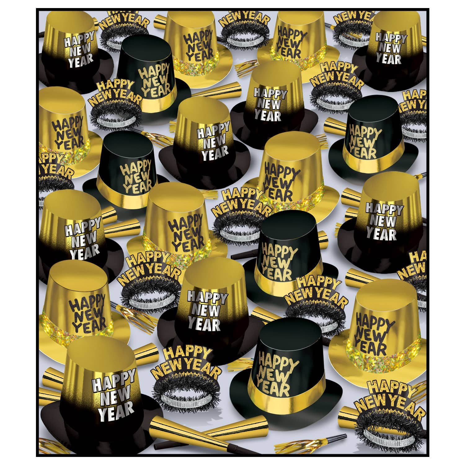 The Great New Year Assortment for 300 - Gold/Black New Years, New Years Eve, party supplies, party kits, assortment, black, gold, party hats, party horns, tiaras, for 300