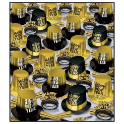 The Great New Year Assortment for 300 - Gold/Black New Years, New Years Eve, party supplies, party kits, assortment, black, gold, party hats, party horns, tiaras, for 300