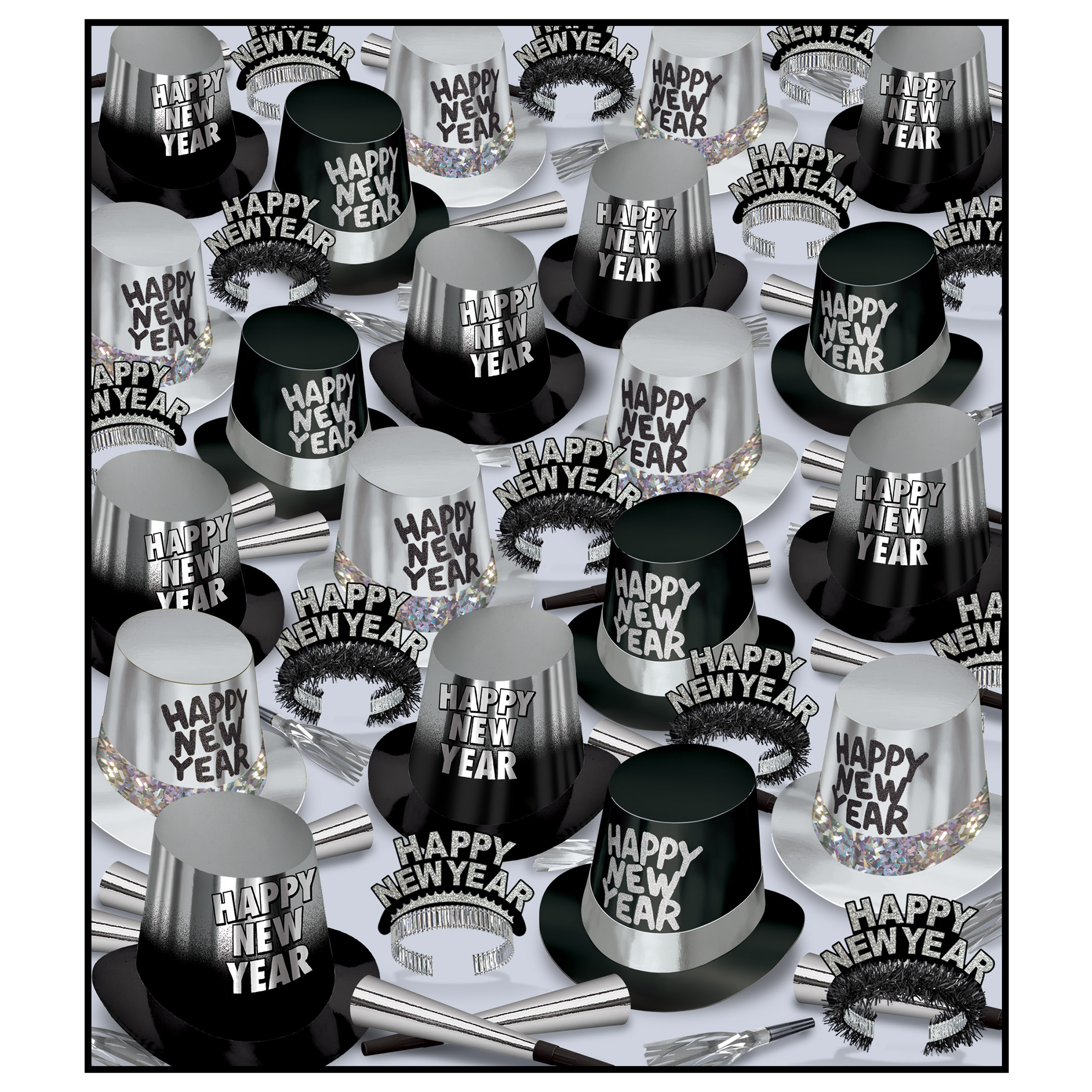 The Great New Year Assortment for 300 - Silver/Black New Years Eve party kit, NYE party assortment, New Year party favors, bulk New Years Eve supplies, silver black party kit, New Years hats and horns, party kit for 300 guests, wholesale New Years Eve supplies, corporate New Year party supplies, restaurant New Years Eve kit, hotel NYE party favors, countdown party accessories, Happy New Year tiaras, foil horns, squawkers