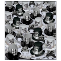 The Great New Year Assortment for 300 - Silver/Black New Year's Eve party kit, NYE party assortment, New Year party favors, bulk New Year's Eve supplies, silver black party kit, New Year's hats and horns, party kit for 300 guests, wholesale New Year's Eve supplies, corporate New Year party supplies, restaurant New Year's Eve kit, hotel NYE party favors, countdown party accessories, Happy New Year tiaras, foil horns, squawkers
