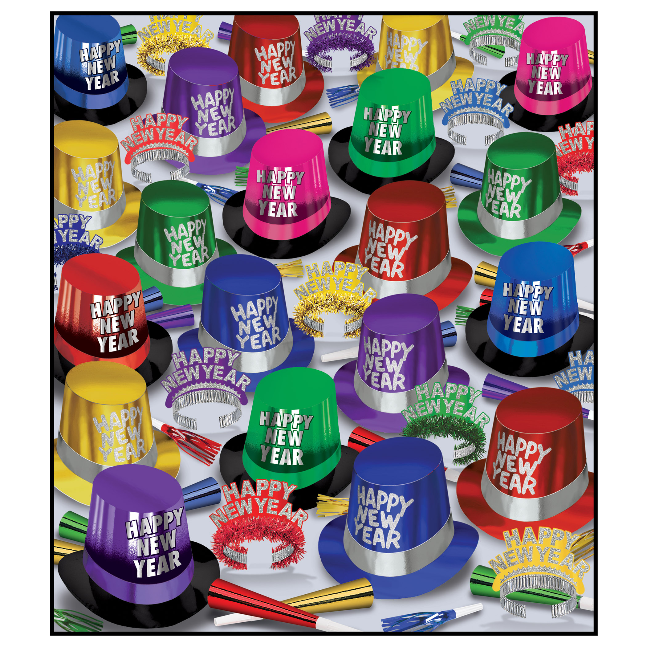 The Great New Year Assortment for 300 New Years, New Years Eve, party supplies, party kits, assortment, colorful, multi-colored, party hats, party horns, tiaras, for 300