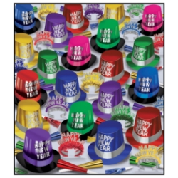 The Great New Year Assortment for 300 New Years, New Years Eve, party supplies, party kits, assortment, colorful, multi-colored, party hats, party horns, tiaras, for 300