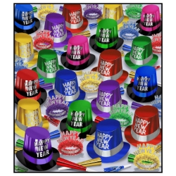 The Great New Year Assortment for 300 New Years, New Years Eve, party supplies, party kits, assortment, colorful, multi-colored, party hats, party horns, tiaras, for 300