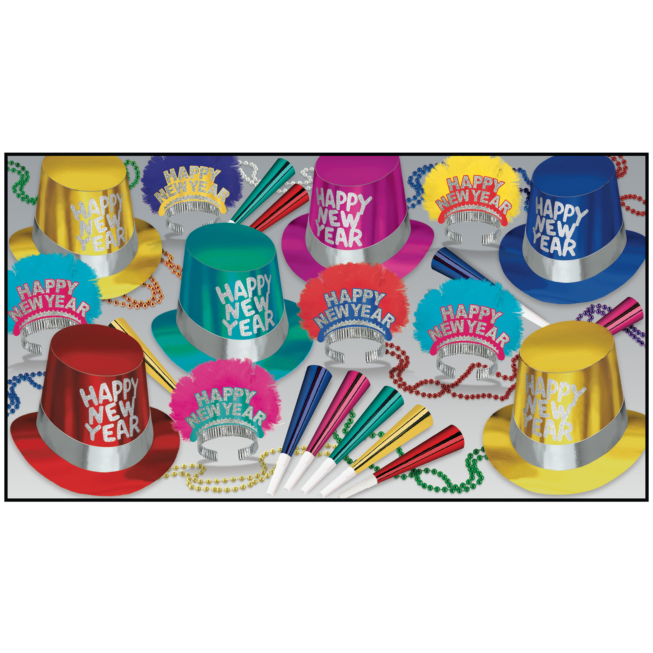 bright colored new years eve party kit with multi-colored party hats, glittered tiaras, party horns, and beads