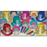 bright colored new year's eve party kit with multi-colored party hats, glittered tiaras, party horns, and beads
