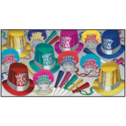 bright colored new years eve party kit with multi-colored party hats, glittered tiaras, party horns, and beads