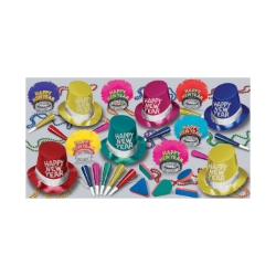 bright colored new years eve party kit with multi-colored party hats, glittered tiaras, party horns, bright colored noisemakers, and beads