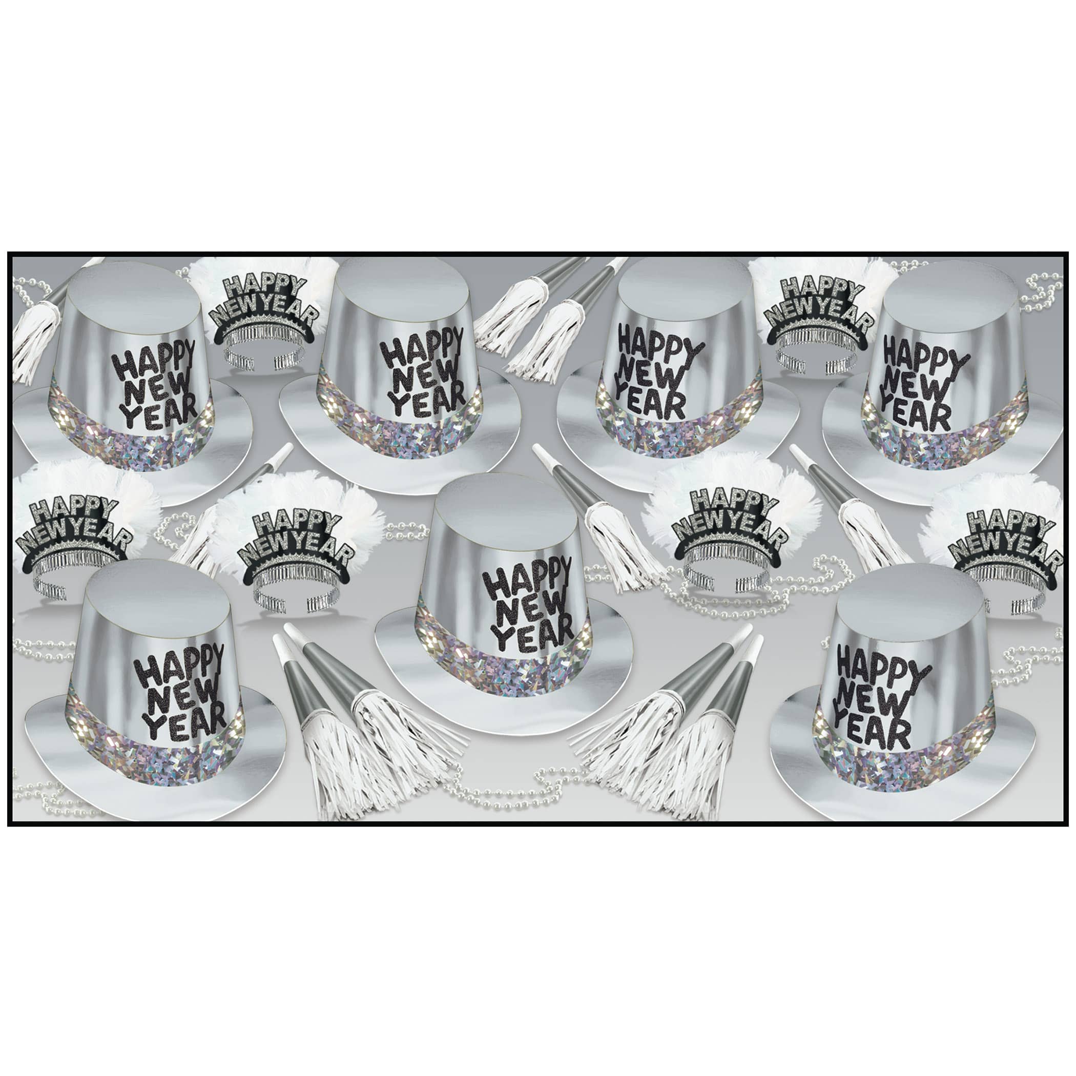Silver New Years Eve party kit for 50 people with top hats, horns, tiaras, and noisemakers