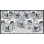 Silver New Year's Eve party kit for 50 people with top hats, horns, tiaras, and noisemakers