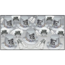 Silver New Year's Eve party kit for 50 people with top hats, horns, tiaras, and noisemakers