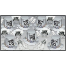 Silver New Years Eve party kit for 50 people with top hats, horns, tiaras, and noisemakers