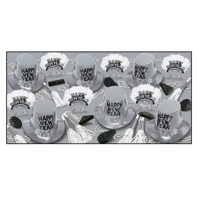 Silver New Year's Eve party kit for 50 people with top hats, horns, tiaras, and noisemakers
