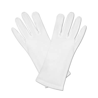 White theatrical gloves made of fabric material.