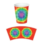 Paper cups printed with a tie-dye design.