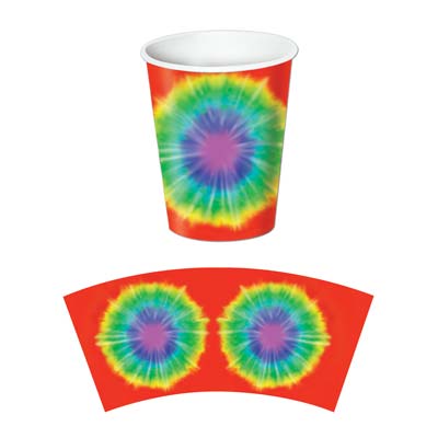 Paper cups printed with a tie-dye design.