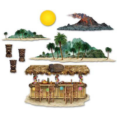 Cutouts of a volcano, tikis, tiki bar and palm tress in front of a mountain.