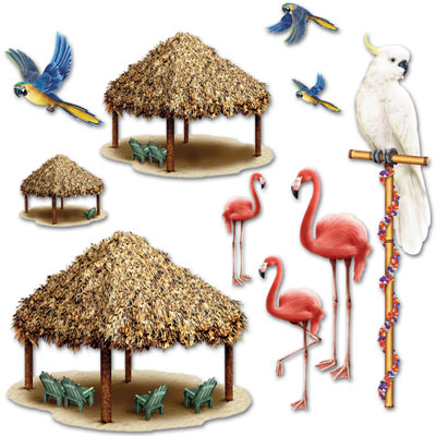 Parrots, flamingos and tiki huts printed on thin plastic material and cut to design. 