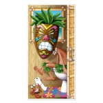 Tiki Man Restroom Door Cover printed with a guy on the toilet wearing a tiki mask.