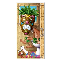 Tiki Man Restroom Door Cover printed with a guy on the toilet wearing a tiki mask.