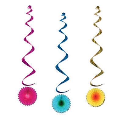 Cerise, blue and yellow metallic whirls with flower icons attached.