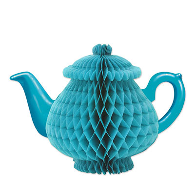 Centerpiece made of tissue material to replicate a blue teapot.