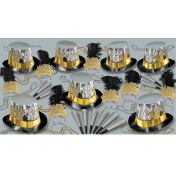 Times square on New Years Eve themed party kit with a background of the NYC skyline on the hats