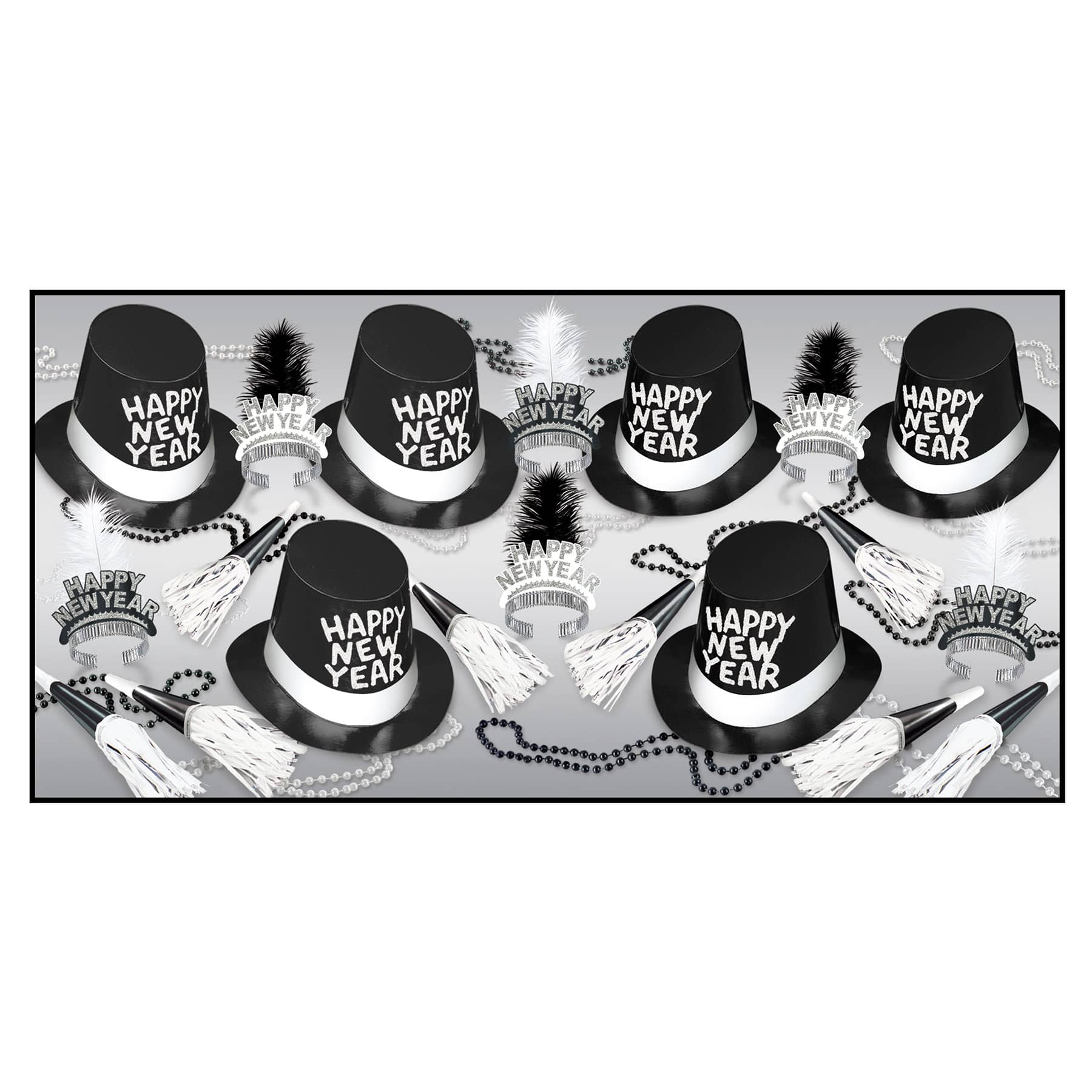 black and white new years assortment that includes wearable items and noisemakers