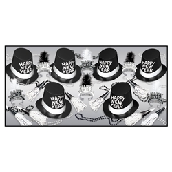 black and white new years assortment that includes wearable items and noisemakers