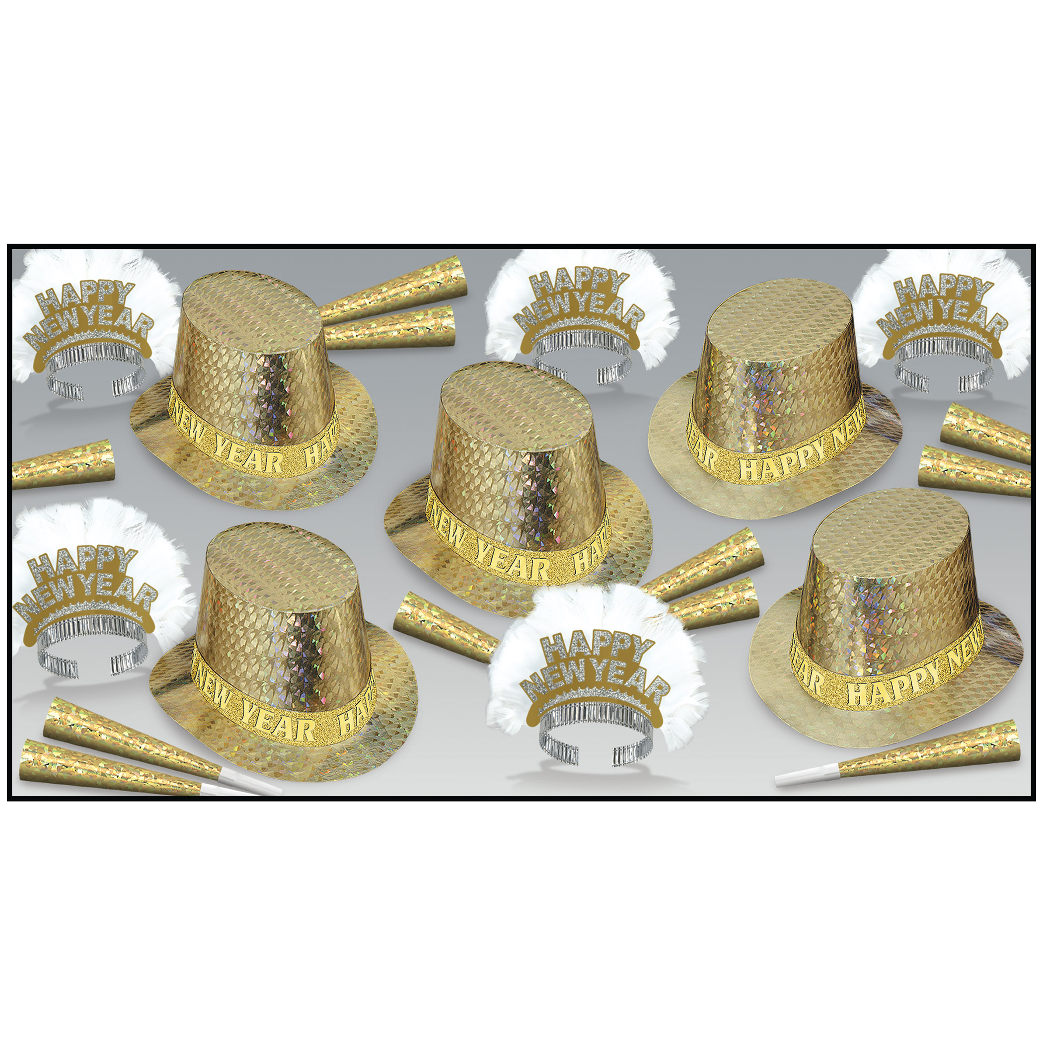 gold party kit for New Years Eve that has prismatic gold foil party hats, happy new year tiaras, and shiny horns