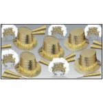 gold party kit for New Year's Eve that has prismatic gold foil party hats, happy new year tiaras, and shiny horns