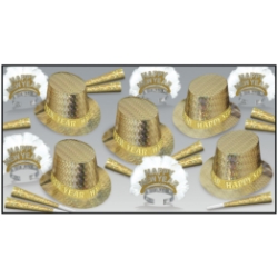 gold party kit for New Years Eve that has prismatic gold foil party hats, happy new year tiaras, and shiny horns