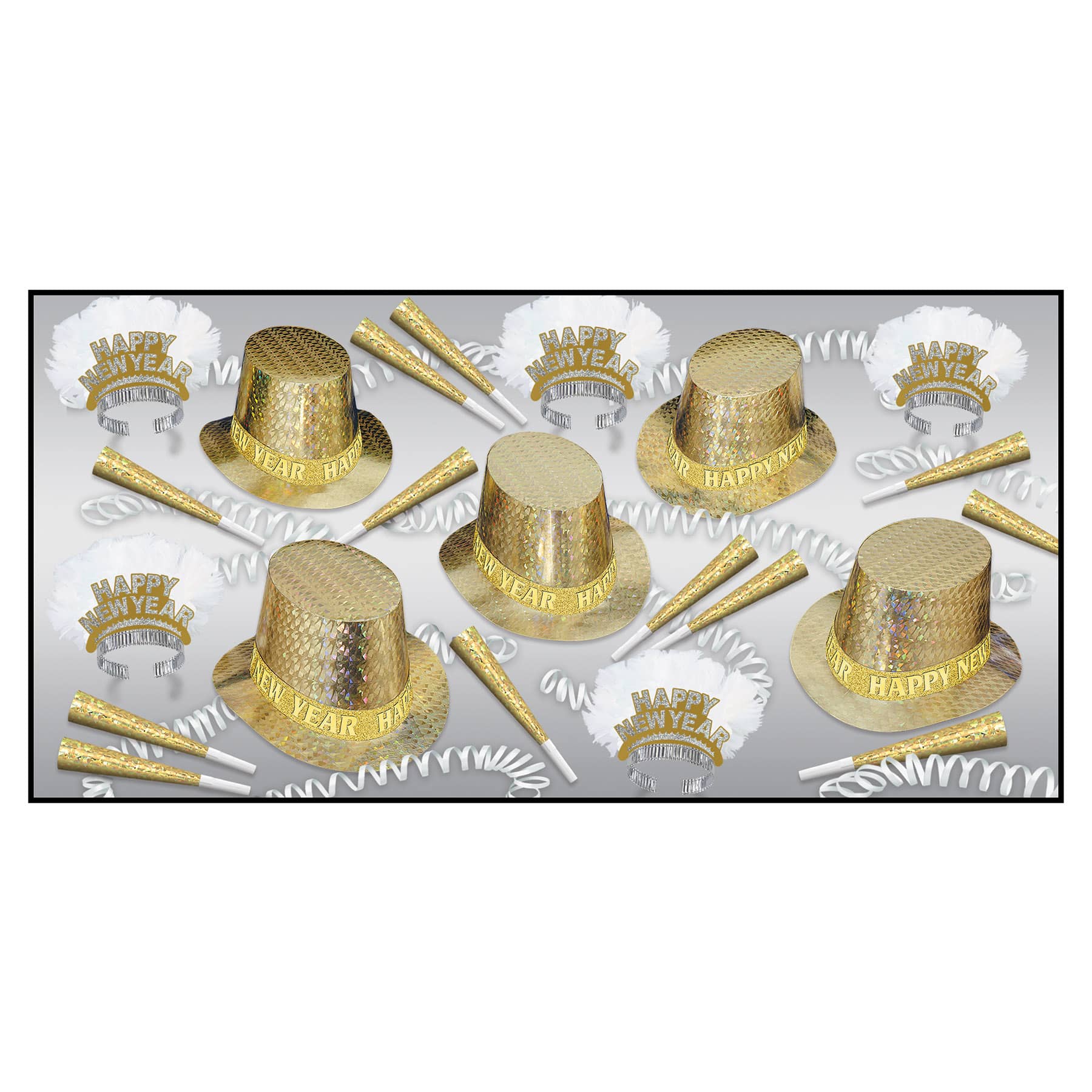 gold party kit for New Years Eve that has prismatic gold foil party hats, happy new year tiaras, and shiny horns