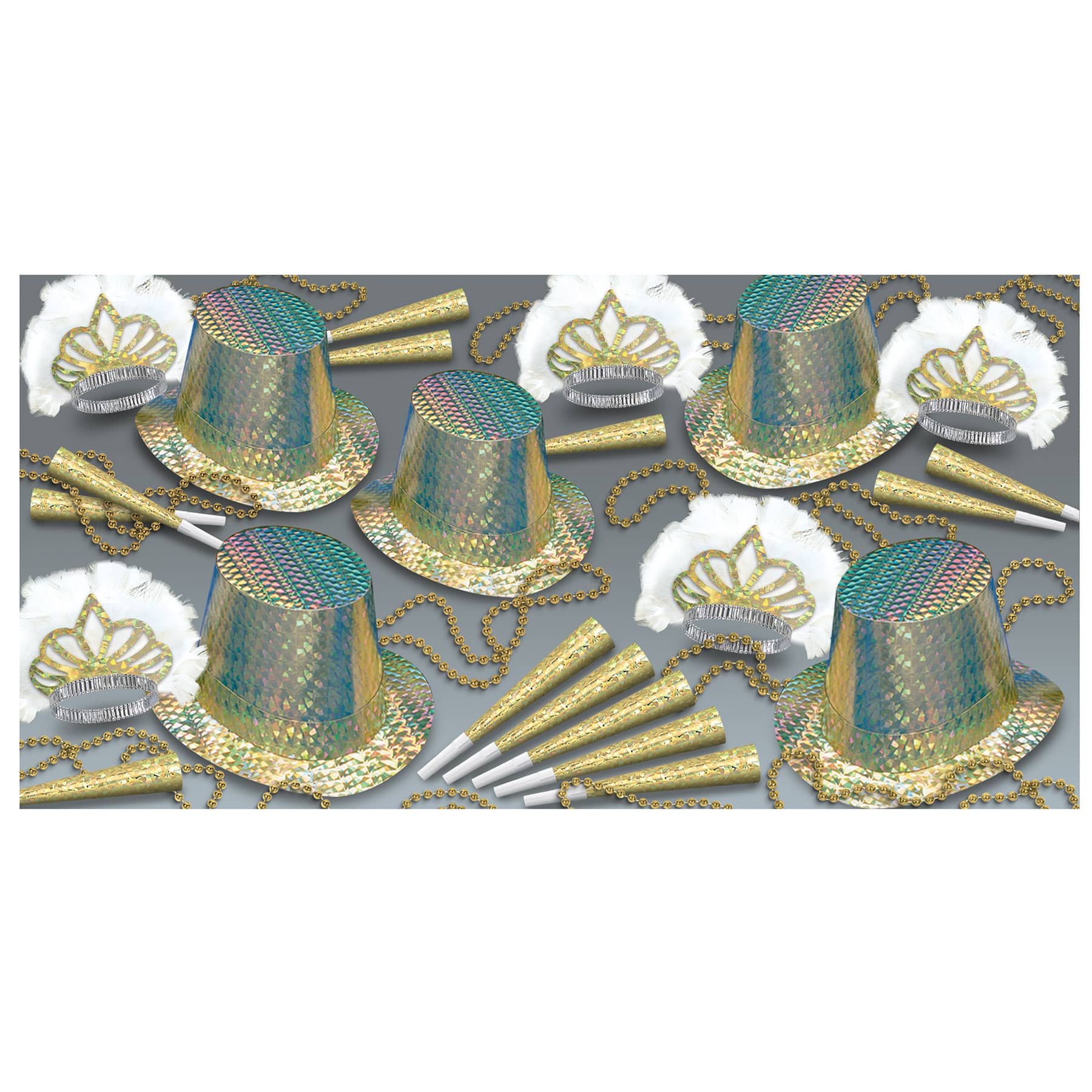gold prismatic party hats in a party kit that has gold tiaras with white feathers, prismatic horns, and party beads