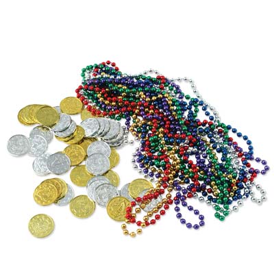 Plastic molded silver and gold coins with assorted colored beads.