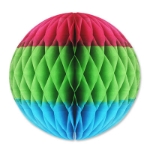 Tri-Color Tissue Ball with cerise at the top, green in the middle and blue on the bottom.