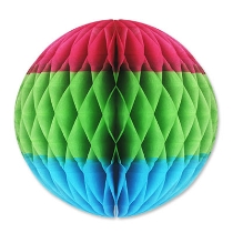 Tri-Color Tissue Ball with cerise at the top, green in the middle and blue on the bottom.