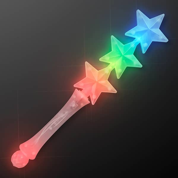 Triple Star Flashing Wand with Red, Blue & Green Lights (Pack of 12) triple star flashing wand, LED star wand, light up party wand, flashing star wand, red blue green LED wand, party favors LED, nighttime party accessories, Party Express light up wand
