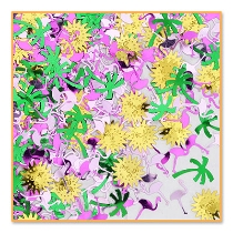 Tropical Breeze Confetti with palm trees, flamingos, and suns