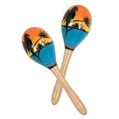party maracas with island scene with a parrot, palm tree, and beach printed on them