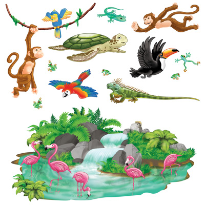 Tropical Props of animals and an oasis printed on thin plastic material.