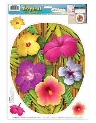 Tropical Toilet Topper Peel 'N Place with tropical leaves and flowers printed on each piece.