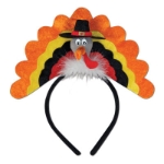 Turkey Headband with Orange, Yellow, Brown and red tail feathers for Thanksgiving 