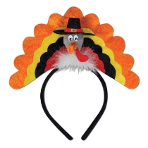 Turkey Headband with Orange, Yellow, Brown and red tail feathers for Thanksgiving 